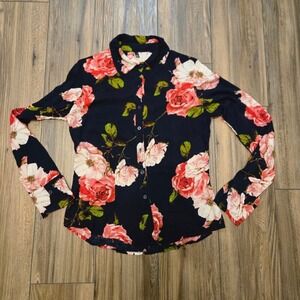 Se'Miu Navy Blue with Floral Button Up Dress Shirt Top size Med